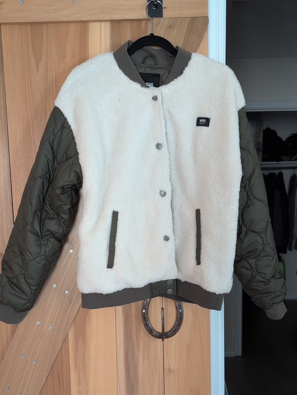 Vans Cream Sherpa Bomber Jacket with Olive Quilted Sleeves